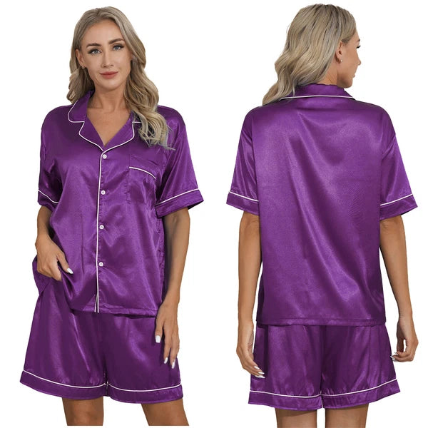 AU Womens Solid Satin Pajamas Set Tops with Shorts 2 Piece Sleepwear Loungewear