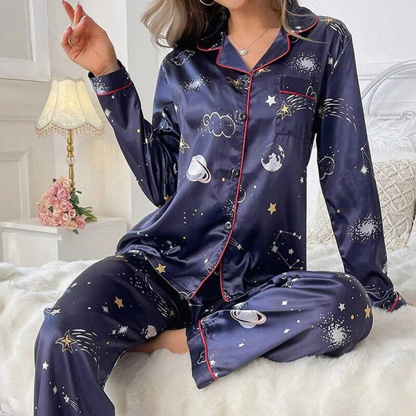 Women Silk Satin Pajamas Set Long Sleeve Button-Down Sleepwear Loungewear Charm