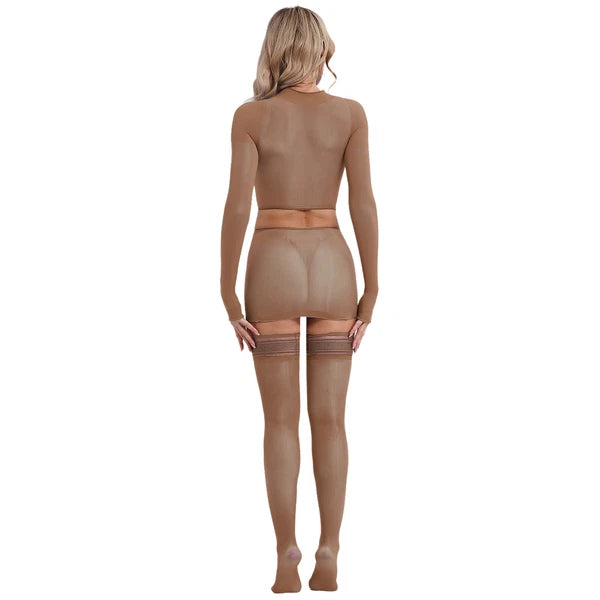 Womens Crop Top And Skirt With Stockings Round Neck Nightwear Tempting Glossy