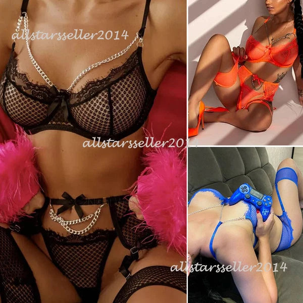 Sexy Women Lace Lingerie Bra G-String Set Fishnet Nightwear Babydoll Sleepwear