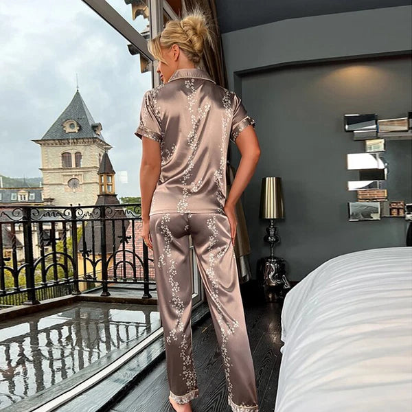 Women's Silk Satin Pajamas Set Short Sleeve Print Sleepwear Nightwear Pyjamas PJ