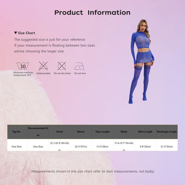 Womens Crop Top And Skirt With Stockings Round Neck Nightwear Tempting Glossy