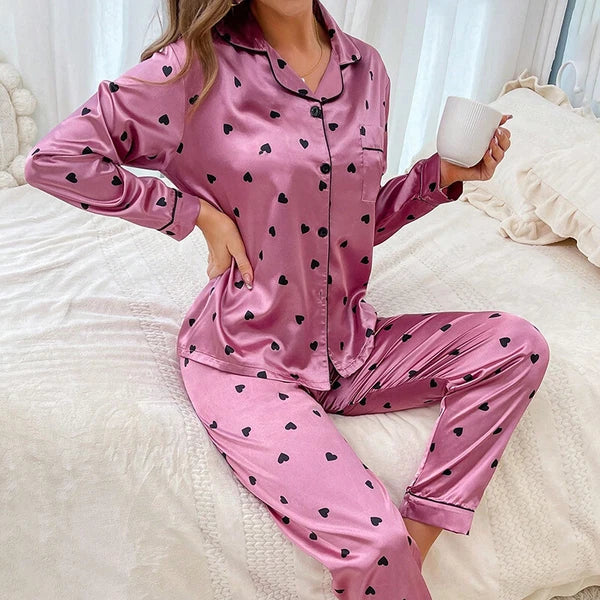 Women Silk Satin Pajamas Set Long Sleeve Button-Down Sleepwear Loungewear Charm