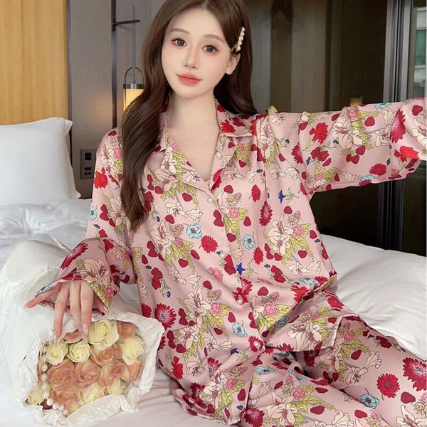 Women Satin Silk Pajamas Flower Printing Sleepwear Homewear Long Sleeve Pajama