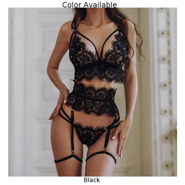 Womens Sexy Lingerie Nightwear Sleepwear Underwear Lace Bra &Thongs Black Set