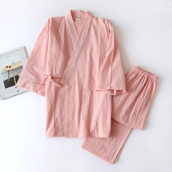 Women 100% Cotton Pajamas Japanese Kimono Robe Top+Pants Sleepwear Nightgown Set