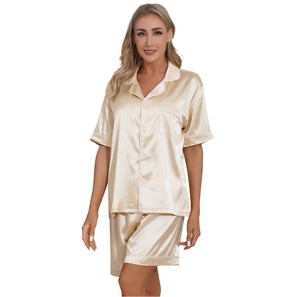 AU Womens Solid Satin Pajamas Set Tops with Shorts 2 Piece Sleepwear Loungewear
