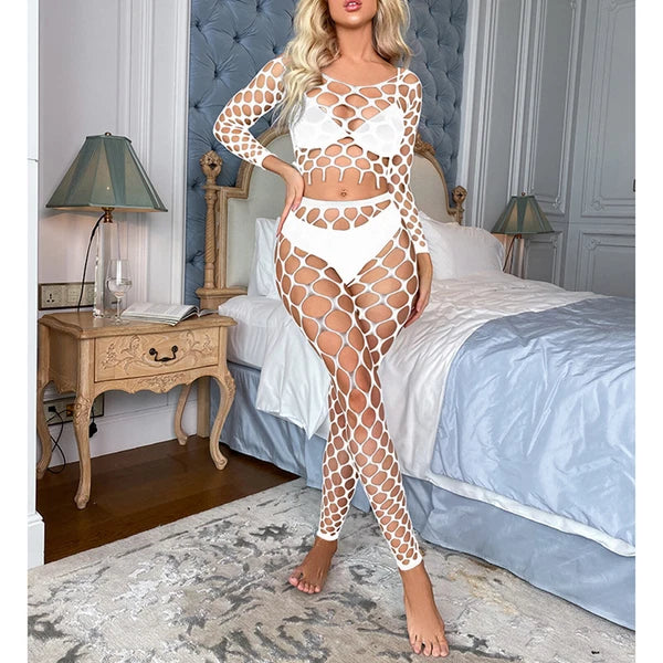 Womens Lingerie Sets Hollow Out See-Through Fishnet Nightwear Crop Top Leggings