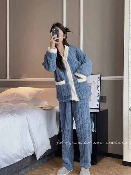 2pcs/Set Autumn and Winter Pajamas Women Thickened Padded Warm Students Girls