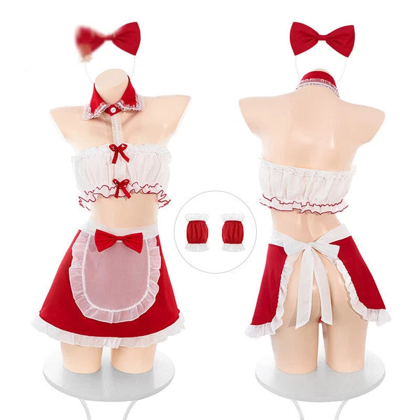 Womens Maid Uniform Sleepwear Costume Lingeries Tops Apron Nightwear Stocking