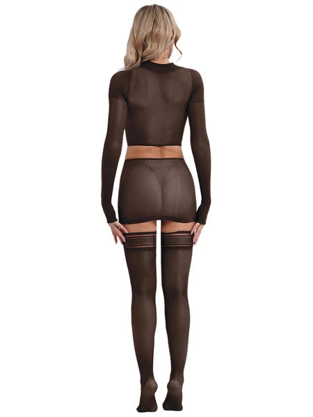 Womens Crop Top And Skirt With Stockings Round Neck Nightwear Tempting Glossy
