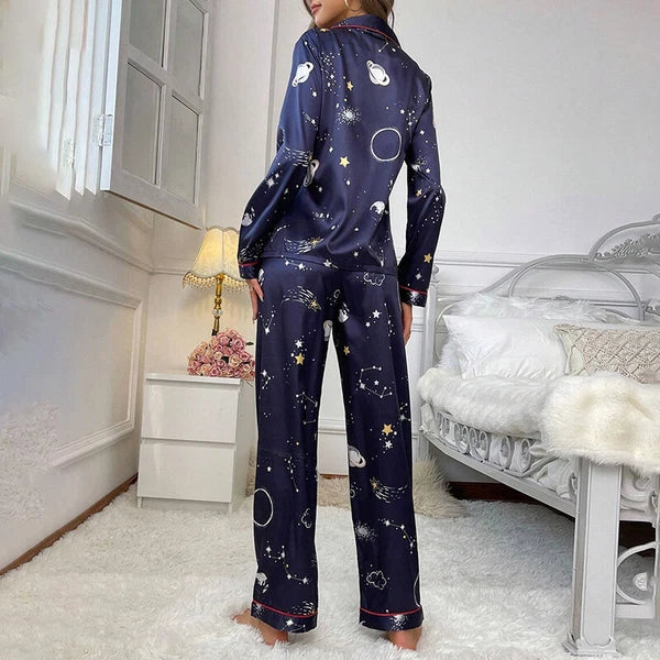 Women Silk Satin Pajamas Set Long Sleeve Button-Down Sleepwear Loungewear Charm