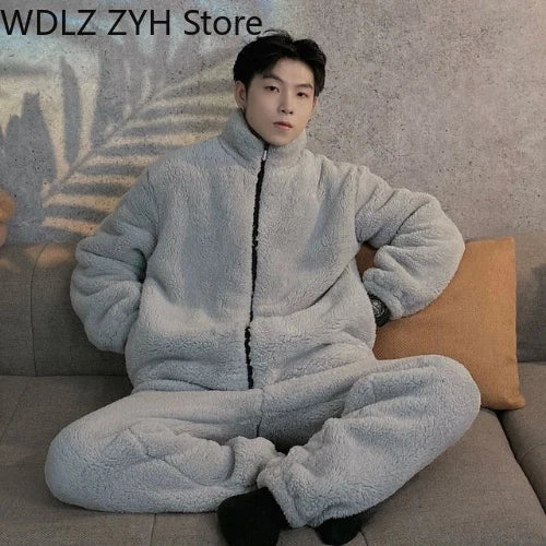 Pajamas Women Coral Fleece Homewear Suit Couple Men Velvet Warm Soft Pajamas Set