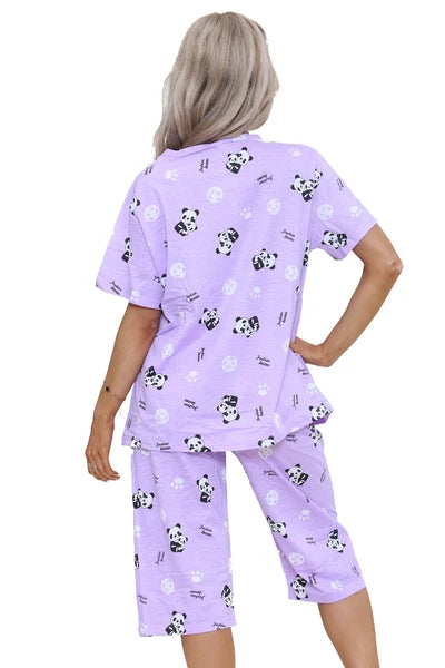 Ladies PJ Set Panda Animal Print Short Sleeve Capri Leg Lounge Teddy Pyjama Set.