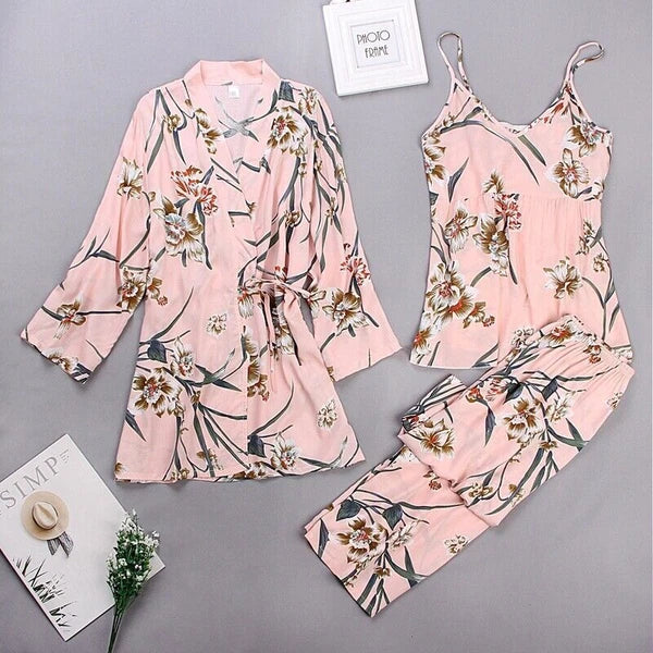 3PC Women Night Dress Silk-Cotton Pajama Sleepwear Long Robes Nightwear Gown Set