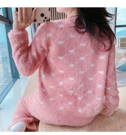 Velvet Sleepwear Winter Warm Pajamas Ladies Cardigan Pijamas Trousers Homewear