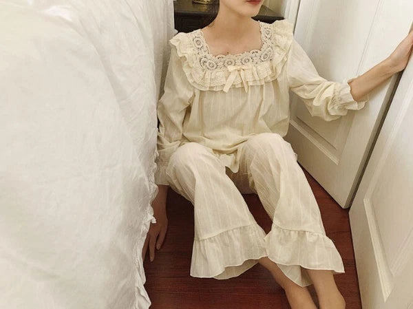 Lolita Flower Embroidery Lace Square Neck Pajama Set  Cotton Grey Pyjamas Set