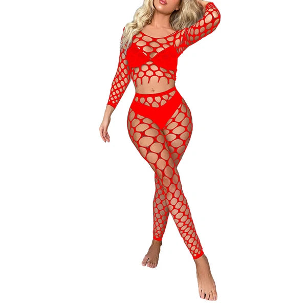 Womens Lingerie Sets Hollow Out See-Through Fishnet Nightwear Crop Top Leggings