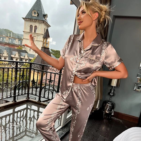 Women's Silk Satin Pajamas Set Short Sleeve Print Sleepwear Nightwear Pyjamas PJ