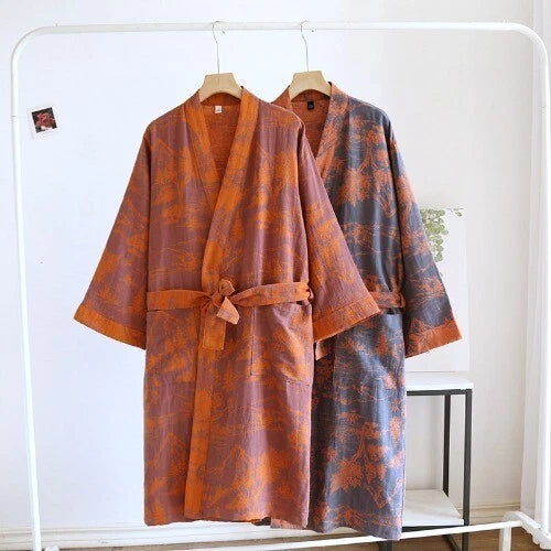 Women's Printed Cotton Loose Fitting Bathrobe Tie Up Sweat Steaming Robes