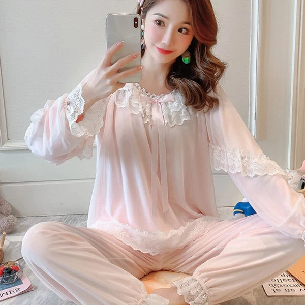 Women Girl Lace Mesh Pajamas Sets Nightie Ruffle Babydoll Lolita Sleepwear Sweet