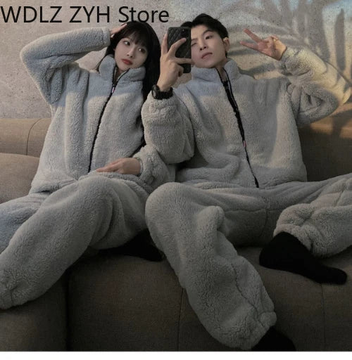 Pajamas Women Coral Fleece Homewear Suit Couple Men Velvet Warm Soft Pajamas Set