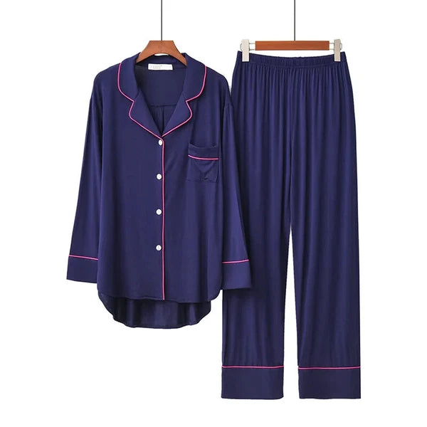2PCS Pajama Sets Women Long Sleeve Solid Loose Breathable Soft Lady Suit Womens