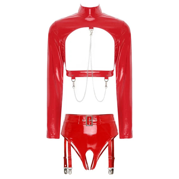 Womens Bar Set Lingerie Romper Underwear Crop Top Sleepwear Patent Leather 2pcs