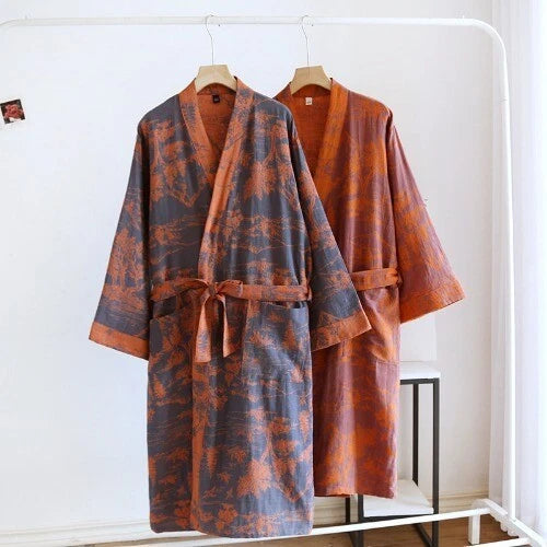Women's Printed Cotton Loose Fitting Bathrobe Tie Up Sweat Steaming Robes