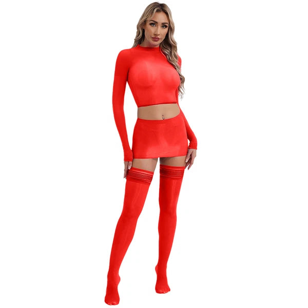 Womens Crop Top And Skirt With Stockings Round Neck Nightwear Tempting Glossy