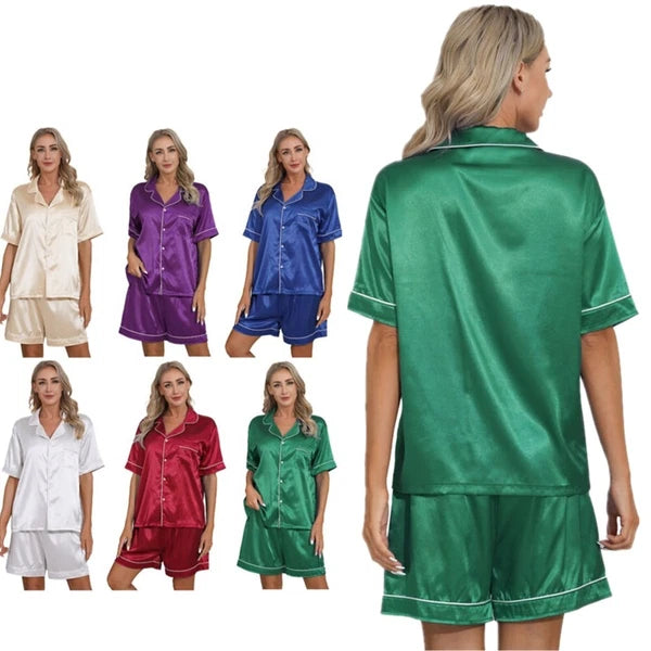 AU Womens Solid Satin Pajamas Set Tops with Shorts 2 Piece Sleepwear Loungewear
