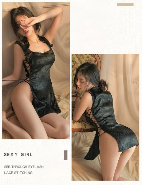 Straps Cheongsam Uniform Pajamas Cosplay Mesh Dress Women Sleepwear Set