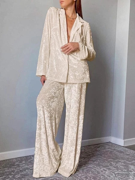 2023 Velvet lapel pajamas long sleeved women's set knitted pants set