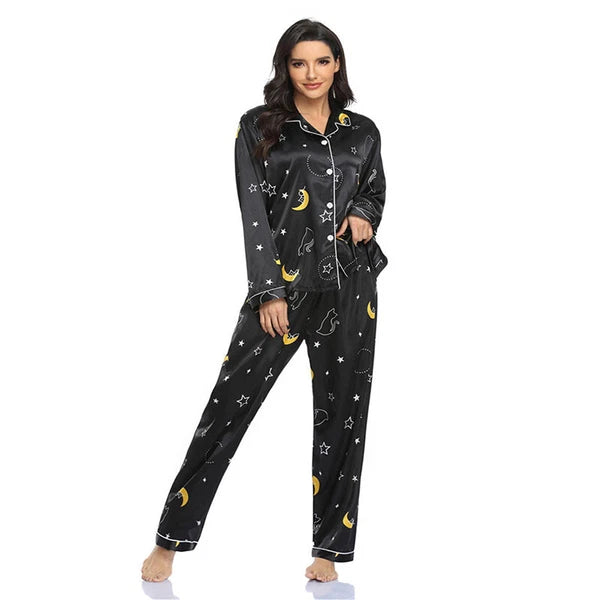 Women Silk Satin Pajamas Set Long Sleeve Button-Down Sleepwear Loungewear Charm