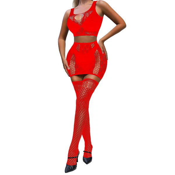 Women Floral Lace Lingerie Set Crop Top Miniskirts Stockings Sets Nightwear