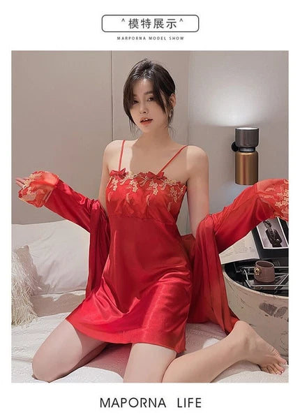 2023 Women's summer short sleeved thin satin pajama robe 2-piece set