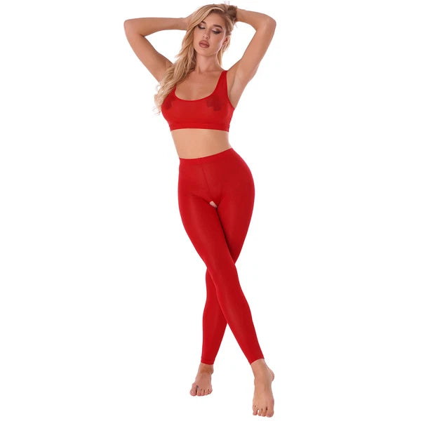 Women 2pcs Lingerie Set Sleeveless Crop Top High Waist Crotchless Leggings Pants