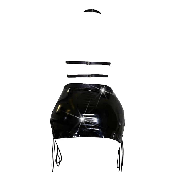 Womens Lingerie Sexy Set Role Play Mini Skirt Wet Look Sleepwear Camisole Bra