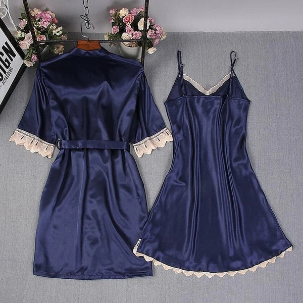 WOMEN'S PLAIN SILK SATIN PAJAMAS ROBE DRESS LINGERIE SLEEPWEAR NIGHTWEAR SET