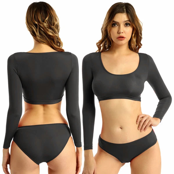 Womens Two-piece Underwear Lingerie Babydoll Long Sleeve Crop Top Brief Clubwear