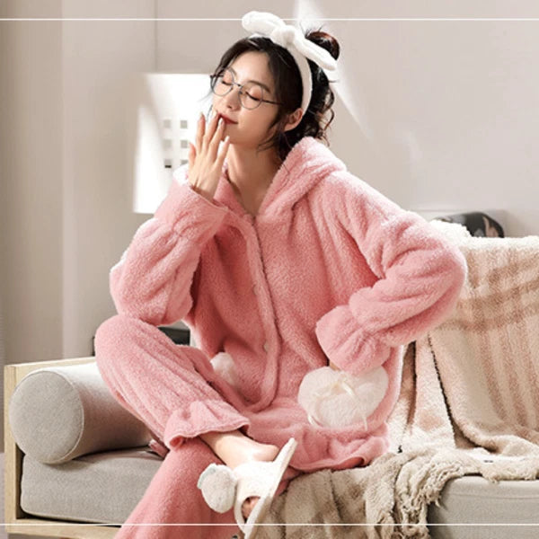Women Winter Warm Hooded Set Flannel Sleepwear Pajamas Nightwear Loungewear
