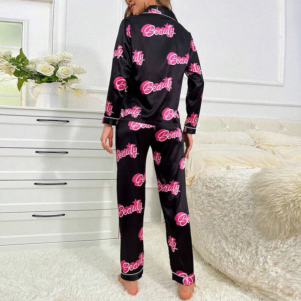 Women Silk Satin Pajamas Set Long Sleeve Button-Down Sleepwear Loungewear Charm