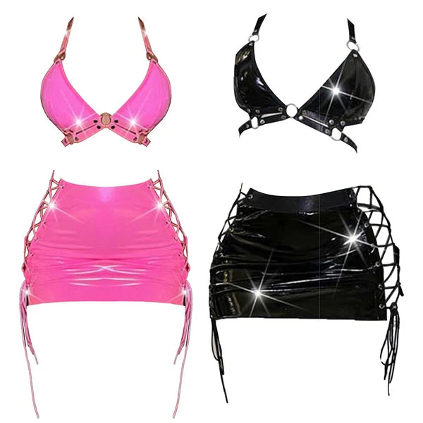 Womens Lingerie Sexy Set Role Play Mini Skirt Wet Look Sleepwear Camisole Bra