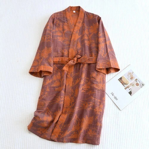 Women's Printed Cotton Loose Fitting Bathrobe Tie Up Sweat Steaming Robes
