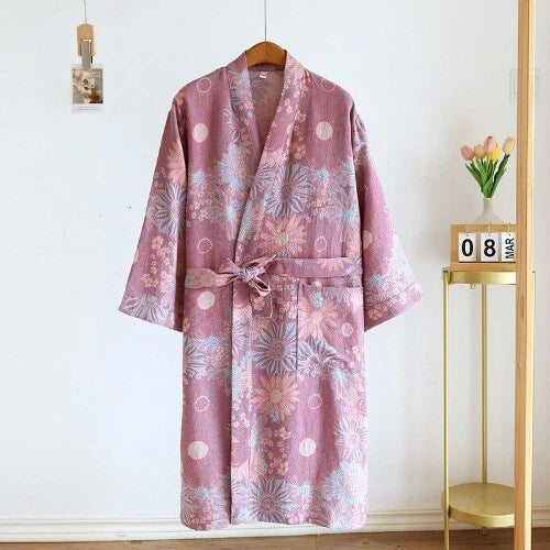 Women's Printed Cotton Loose Fitting Bathrobe Tie Up Sweat Steaming Robes