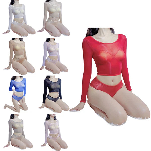Womens Lingerie Set Slim Fit Crop Top With Briefs Stretchy Nightwear Sheer Sexy