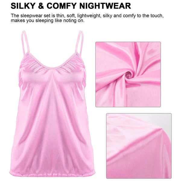 Womens Silk Satin Pajamas Set Sexy-Lingerie Sleepwear Babydoll Nightwear Pjs Set