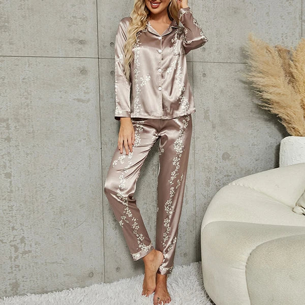 Women Silk Satin Pajamas Set Long Sleeve Button-Down Sleepwear Loungewear Charm