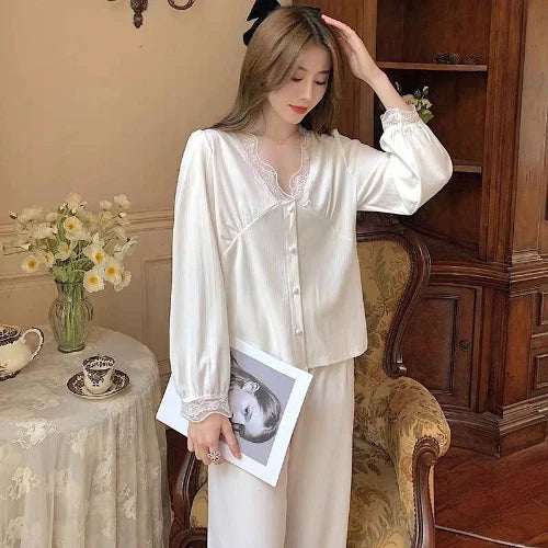 Pajama Sets Solid Lace V-neck Women Sweet Cute Kawaii Casual Long Sleeve  Loose