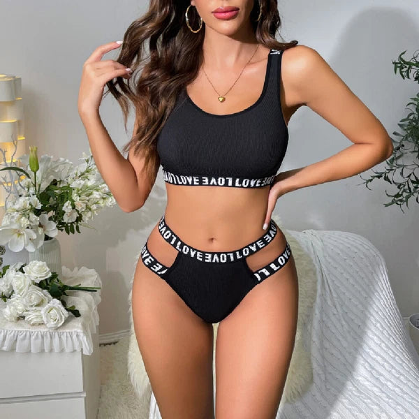 Women Sexy Lingerie Letter Print Belted Bra and Panty 2 Piece Pajamas Set Outfit